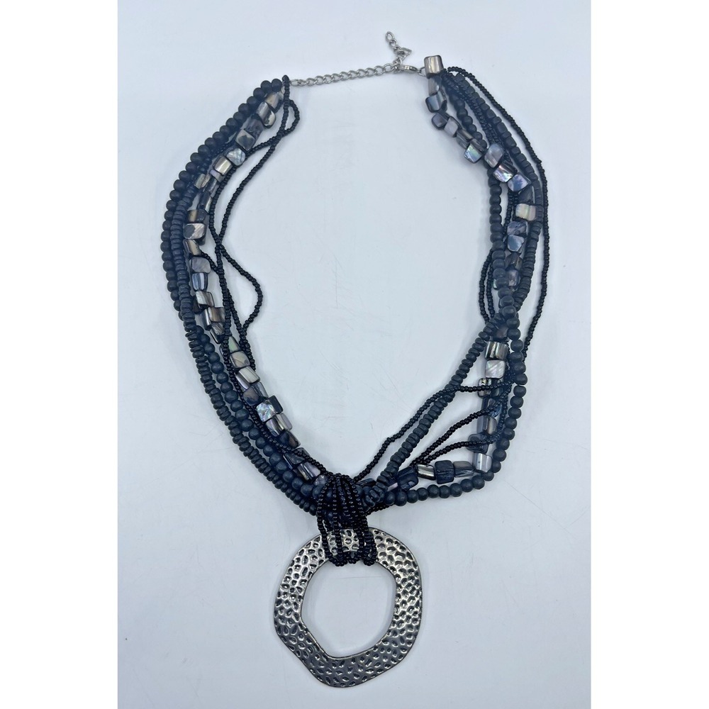 VTG Boho Metal Pendant Silver Mother Of Pearl Seed Bead 16-22" Necklace